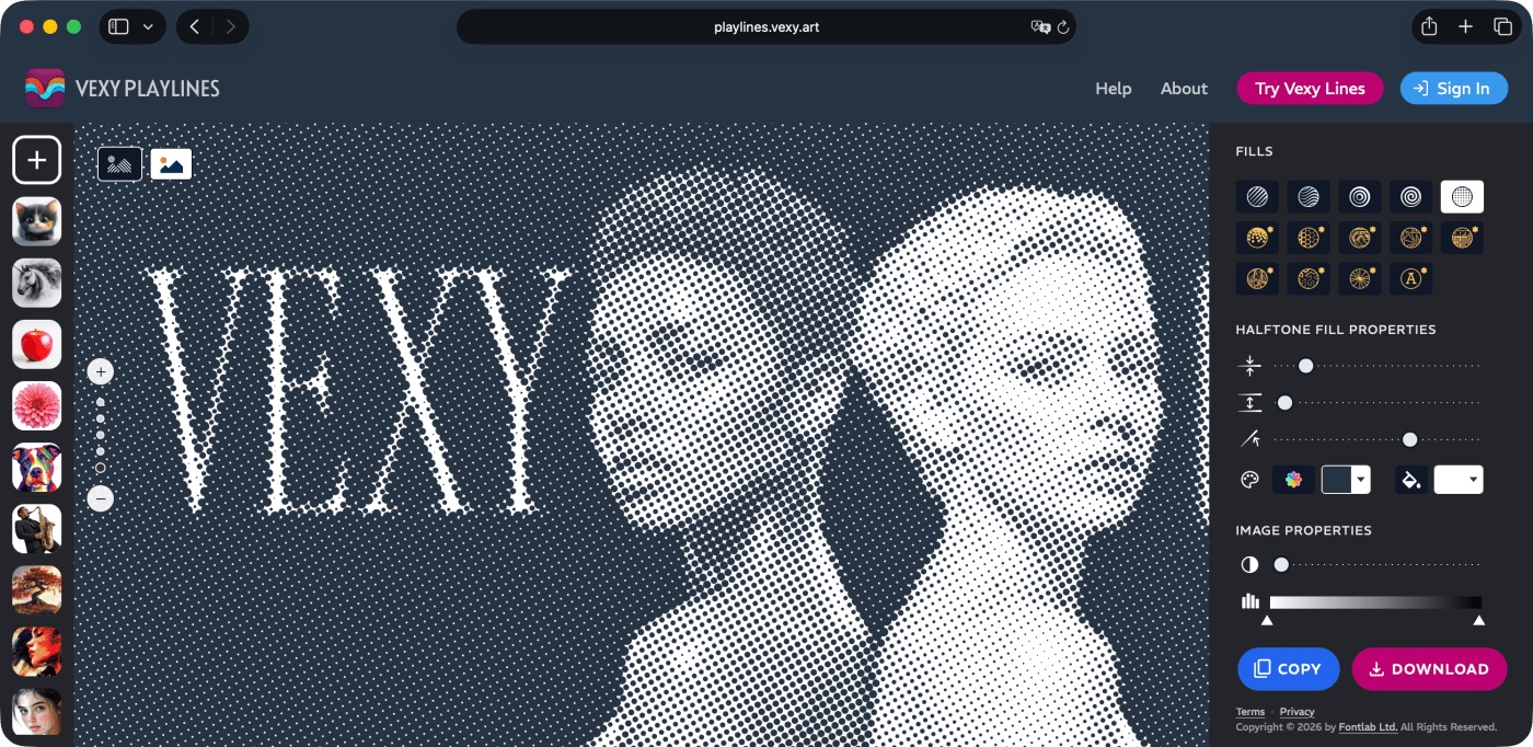 Vexy Playlines running in the browser: a photo redrawn as vector artwork, live
